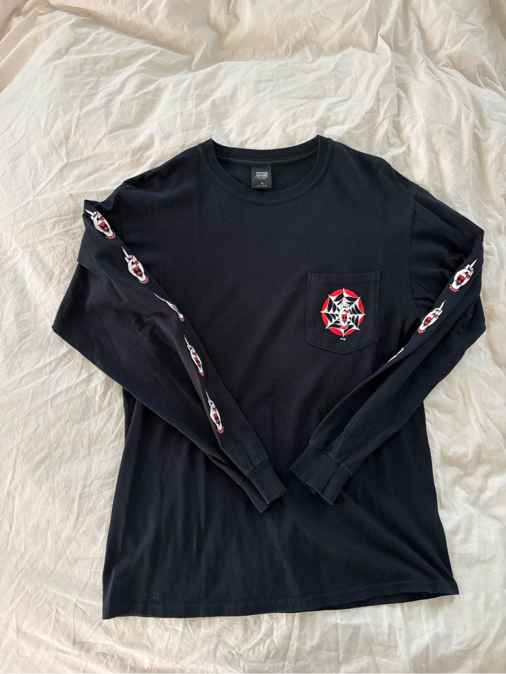 Obey Black Long Sleeve Pocket Tee with Red & White Spider Web Motif